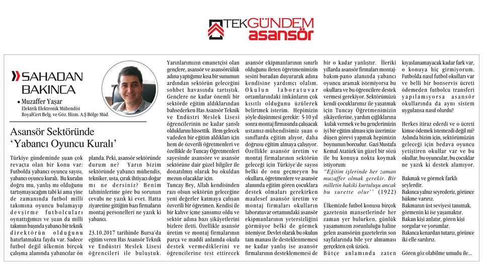 Asansör Sektöründe Yabancı Oyuncu Kuralı